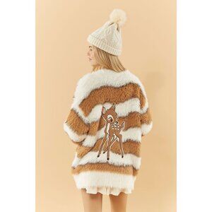 Disney x Forever 21 Women’s Small Oversied Bambi Cardigan Faux Fur Tan White NWT
